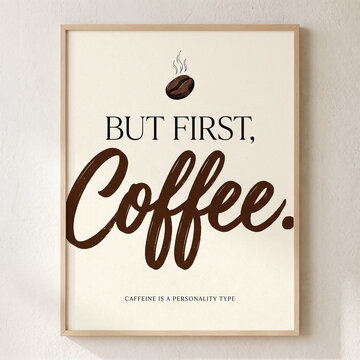 Minimalist wall art poster featuring a hand drawn coffee bean icon and elegant bold typography with the phrase but first coffee in a wooden frame