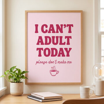 Framed wall art poster featuring a funny quote about adulting in dark pink typography displayed inside a light wooden frame on a cozy home office wall