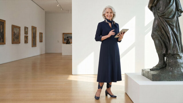 Elegant female museum docent standing comfortably all day utilizing concealed magnesium alloy seating tech