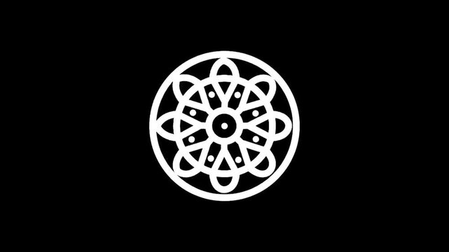 Elegant white dharma wheel symbol on a stark black background, representing spiritual concepts