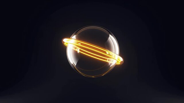 Abstract 3D animation of a transparent glass sphere with glowing neon rings. Futuristic rotating geometric shape on a dark background. Science and technology concept
