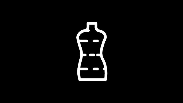 White outline of a dress form with horizontal dashed lines on a black background