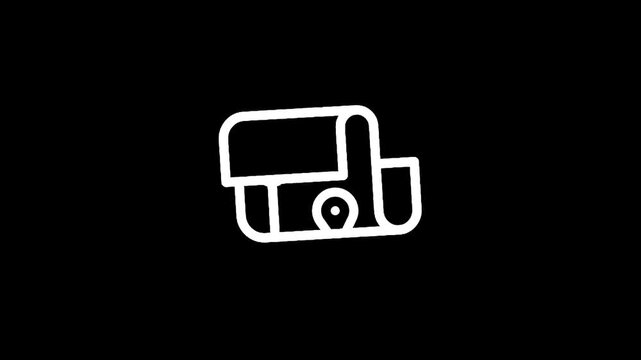 Stylized white line art icon of a rolled map with a location pin on a black background