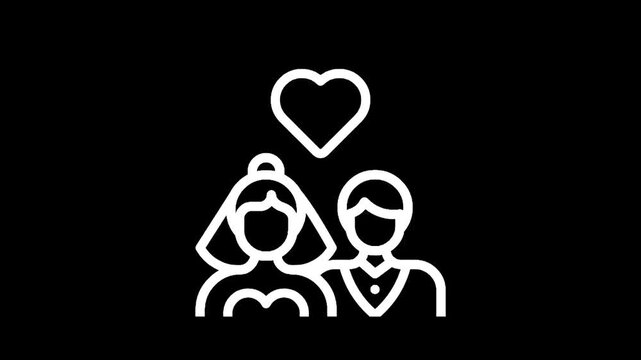 Simple white line art icon of a bride and groom on a black background