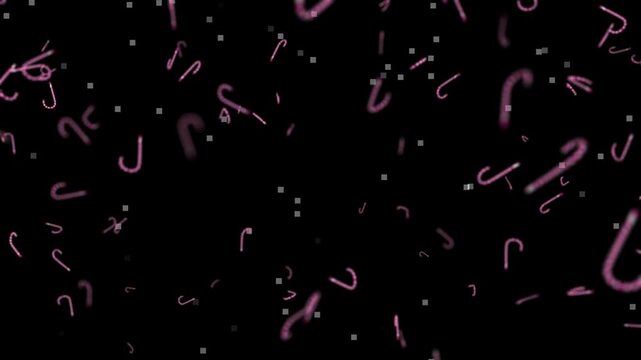 Candy canes in a soft pink hue drift slowly through a dark space to establish a playful and sweet theme for winter holiday marketing campaigns and seasonal promotional materials for retail.