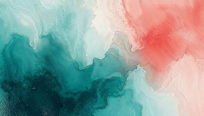 Obraz premium Abstract watercolor background with soft flowing gradients of teal and coral pink paint, abstract