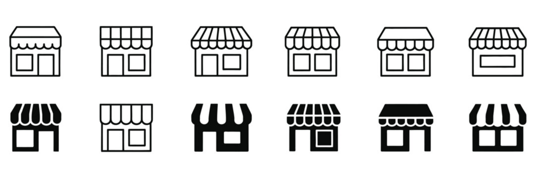 Store icon set, line and glyph shop symbols with outline marketplace building collection for retail, ecommerce and business design vector illustration.