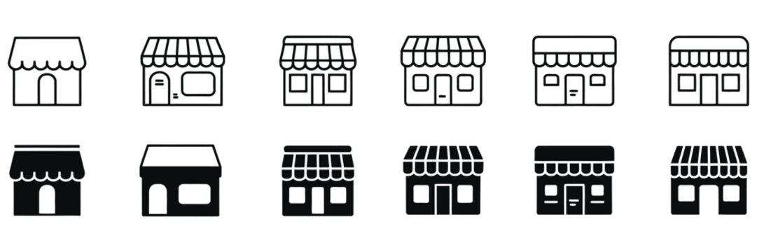Store icon set, line and glyph shop symbols with outline marketplace building collection for retail, ecommerce and business design vector illustration.