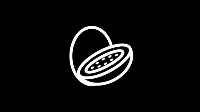 Simple white line art icon of a papaya fruit cut in half on a black background