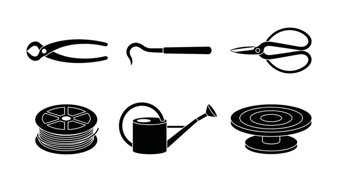 Set of Silhouette Icons Featuring Various Creative Crafting and Gardening Tools for Professional Manual Work and Artistic Hobbies