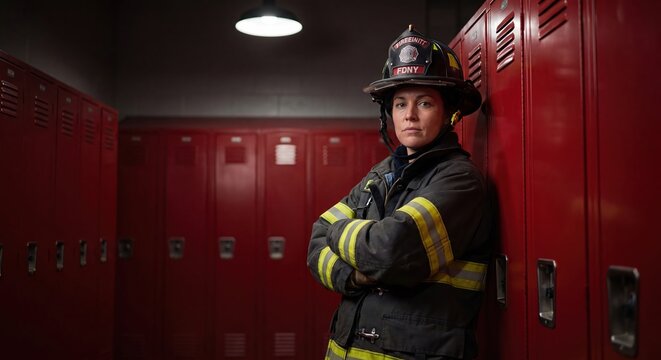 Female firefighter in uniform and helmet stands confidently with arms crossed in a locker room.