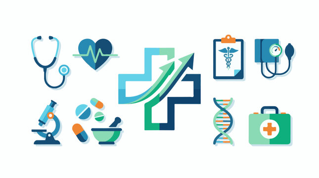 A collection of medical icons in various shades of blue and green