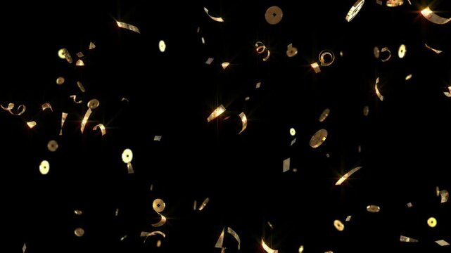 Confetti gold metallic pieces fall through a dark void creating a celebratory atmosphere for festive occasions and special events that require a sense of luxury and excitement for the audience.