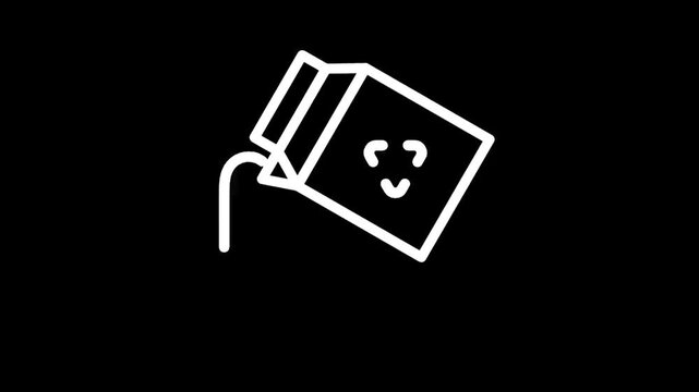 White line art icon of a carton pouring liquid with a recycling symbol on its side