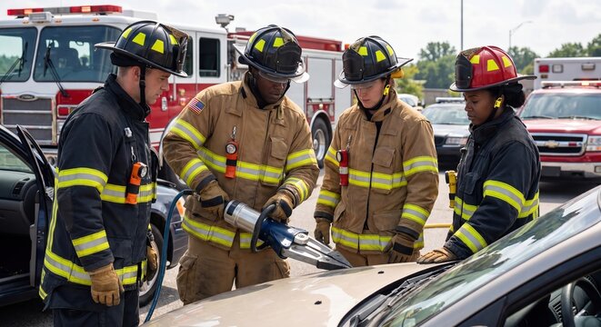 Diverse team of firefighters practicing vehicle extrication with specialized rescue tools during training exercise.