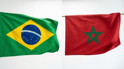 Fototapeta premium Flags of brazil and morocco waving side by side isolated on white background