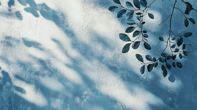 Leaf Shadow Patterns on a Textured Blue Wall Background.
