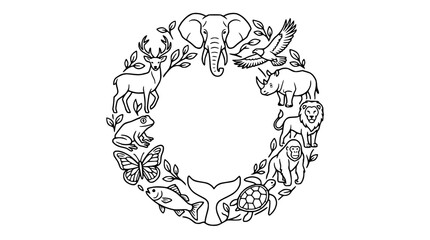 Circle of Wildlife Animals Illustration: Elephant, Lion, Deer, Rhino, Turtle, Fish, Frog, Butterfly © Akun