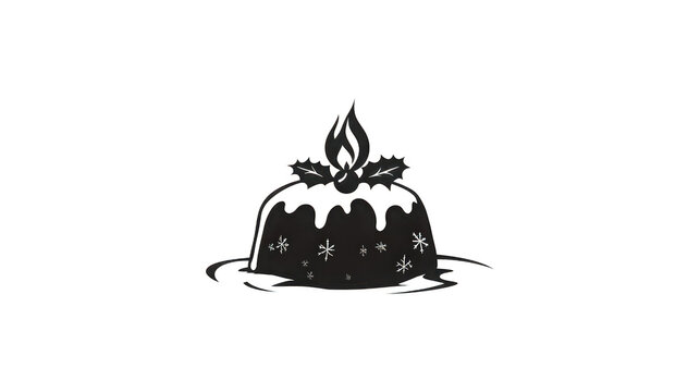 Black and white illustration of a christmas pudding with holly and a candle on top isolated on transparent background