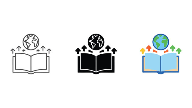 Global education and worldwide knowledge expansion through an open book with a globe and upward arrows symbolizing universal learning