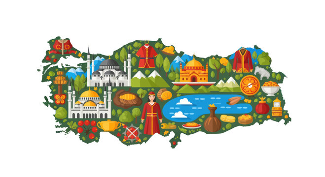 Map of Turkey with Cultural Symbols and Landmarks.
