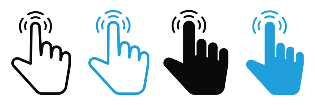 Tap gesture hand icon set on transparent background, touchscreen finger click and mobile interaction symbols for app and user interface design vector illustration.
