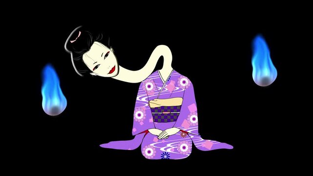 ろくろ首と人魂が動く動画　黒背景