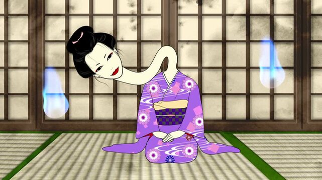 和室に座るろくろ首と人魂が動く動画
