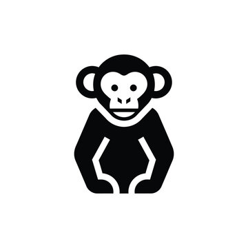 Simple black silhouette of a seated monkey in front view, featuring large ears and a friendly expression, isolated on a white background, children's branding or animal-themed