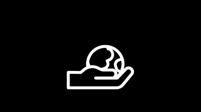 White line art icon of a hand holding the planet Earth on a black background