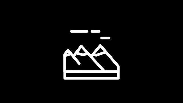 Stylized white mountain range icon with clouds on a black background