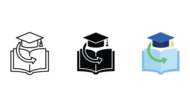Knowledge application practical learning icon set depicting open book with graduation cap and curved arrow for skill transfer