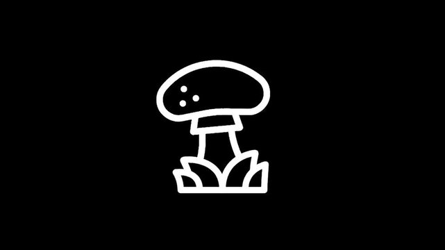 Simple white line art mushroom icon growing in grass on a black background