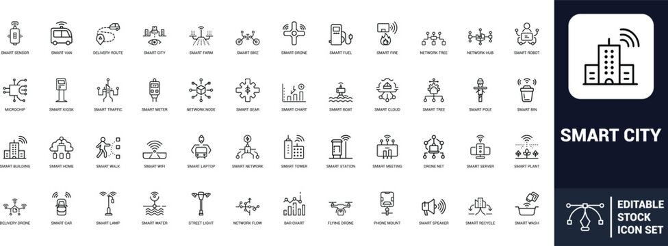 Smart city line art icons set smart sensor, smart building, smart home, smart traffic, smart meter, smart wifi, smart car, smart drone Web icon App icon Outline icon Editable stroke line art Vector EP