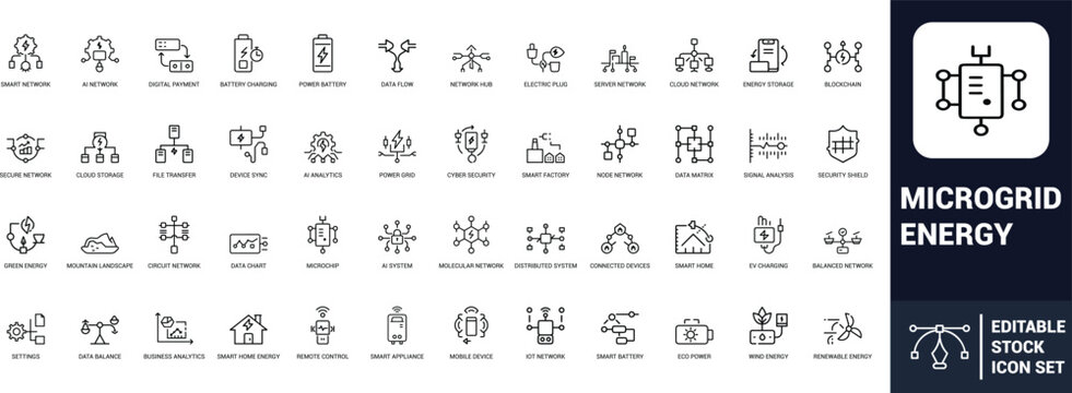 Microgrid energy line art icons set smart network, battery charging, power battery, data flow, network hub, electric plug Web icon, App icon, Outline icon, Editable stroke, line art, Vector EPS