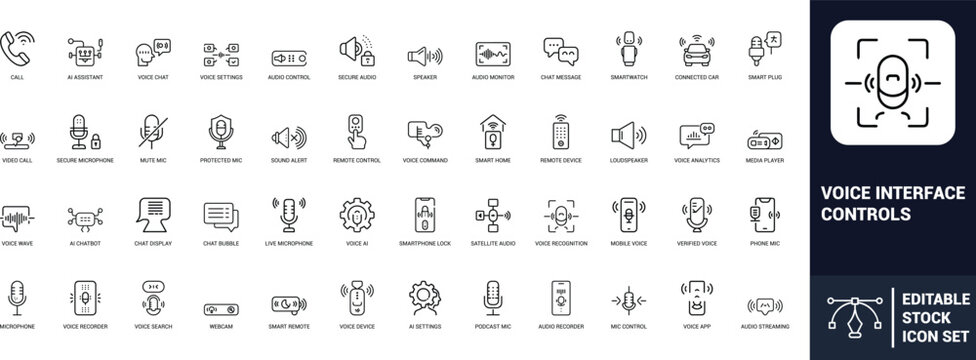 Voice interface controls line art icons set, microphone, voice chat, speaker, smart home, remote control, voice recognition, AI bot. Web icon App icon Outline icon Editable stroke line art Vector EPS