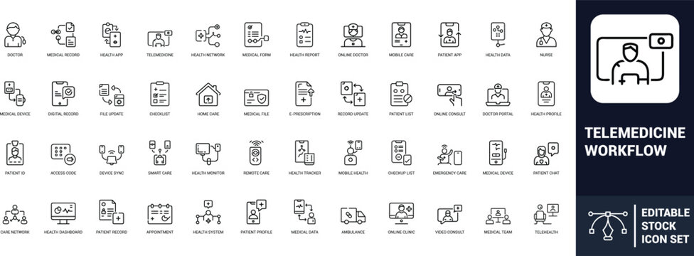 Telemedicine workflow line art icons set, doctor, health app, medical record, online doctor, nurse, patient app, remote care. Web icon App icon Outline icon Editable stroke line art Vector EPS