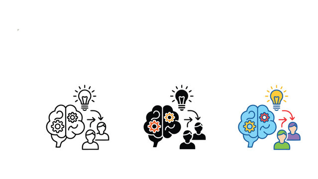 Brain with gear lightbulb and human figures representing idea sharing and collaborative innovation process
