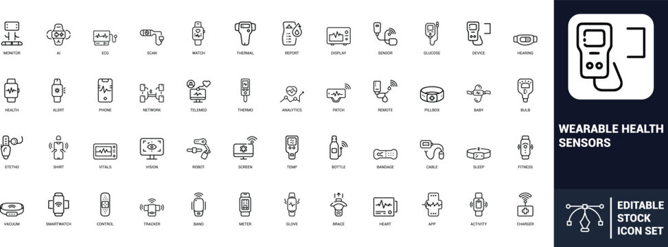 Wearable health sensors line art icons set, smartwatch, health monitor, sensor, ECG, fitness tracker, glucose meter, telemedicine. Web icon App icon Outline icon Editable stroke line art Vector EPS