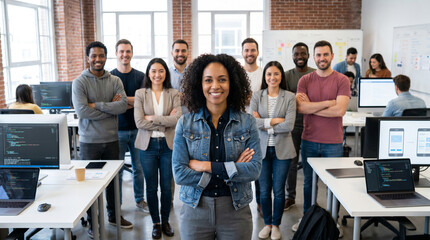 Obraz premium Diverse mobile app development team standing in modern startup office, led by female app developer, with programmers, designers, and product managers in technology workspace.