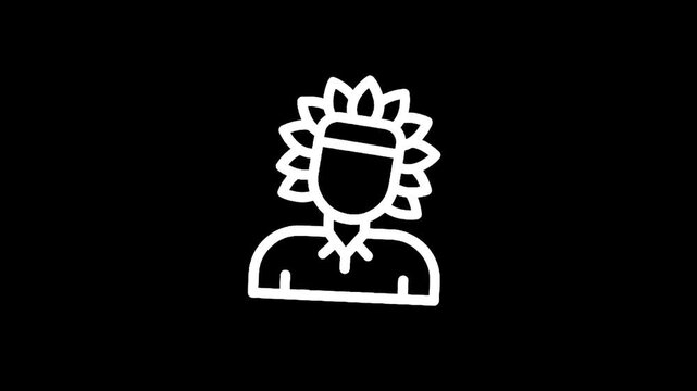 Stylized icon of a person wearing a feathered headdress on a black background