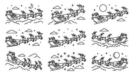Nine Santa Claus sleigh and reindeer line art icons. © bogel