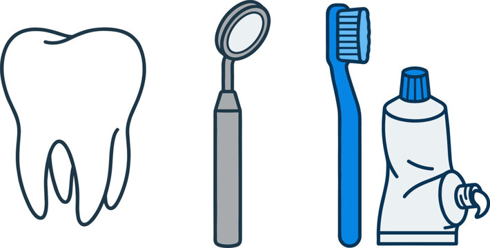 Dental Care Vector Icon Set Featuring White Human Tooth Dentist Mouth Mirror Blue Toothbrush and Toothpaste Tube for Medical Graphic Designs