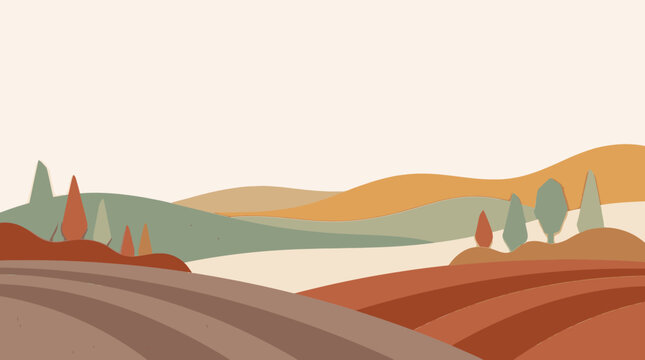 Stylized Rolling Autumn Hills And Pastoral Landscape.