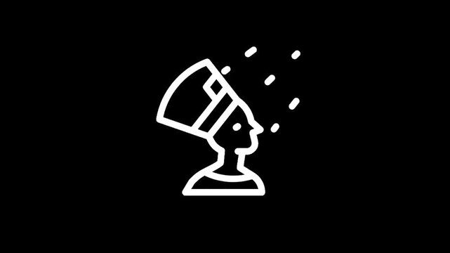 Iconic Nefertiti bust silhouette with abstract falling particles on black background