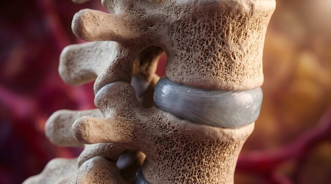 A detailed close-up view of a human spine model showcasing vertebrae and intervertebral disc in a medical setting