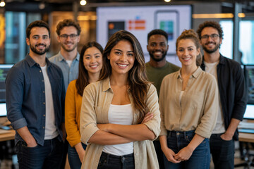 Fototapeta premium Diverse mobile app development team standing in modern startup office, led by female app developer, with programmers, designers, and product managers in technology workspace.