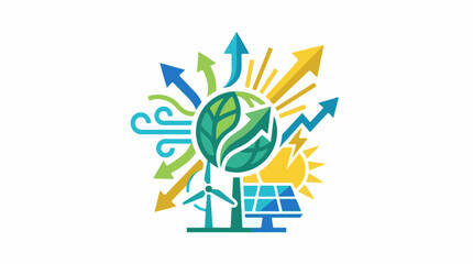 Obraz premium A colorful graphic illustration of a leafy green tree with a wind turbine and solar panel