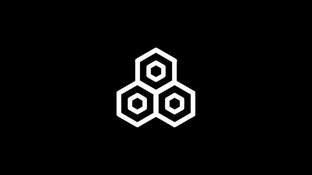 Three white geometric hexagons arranged in a triangular formation on a black background