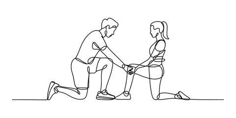 Obraz premium Man and woman doing fitness workout in continuous line art
